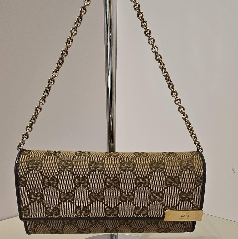 Gucci Monogram Canvas Wallet On Chain Beige/Brown